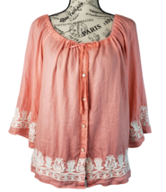 Talbots Petites Coral Linen Embroidered Peasant Boho Top Blouse Women Si... - $33.65