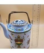 Vintage Teapot Rare Porcelain Chinese Tea Pot Bamboo Handle Flowers Butt... - $19.97