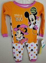 Disney Infant Girls Orange Minnie &amp; Mickey Mouse Glow in the Dark Pajama Set 9M - £7.17 GBP