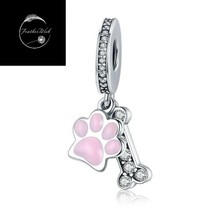 Genuine Sterling Silver 925 I Love My Dog Puppy Pet Animal Pink Paw Bone Charm - £16.93 GBP