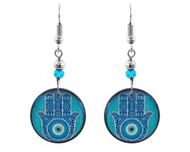 Round Blue Evil Eye Nazar Mandala Graphic Dangle Earrings - Womens Fashion Handm - $17.81