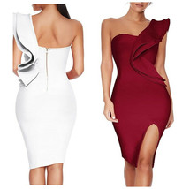 Women&#39;s Sexy Ruffle One Shoulder Bodycon Side Slit Midi Pencil Bandage Dress - £29.83 GBP