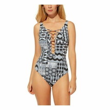 BLEU by Rod Women Printed Stretch Plunging V-Neck Strappy Beaded Swimsuit Size 4 - £33.26 GBP