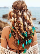 Boho Feather Headband Hippie Headpiece Black Gypsy Costume Headdress Bohemian He - £21.64 GBP