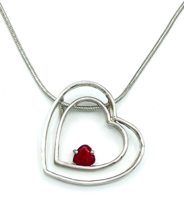 Vintage 80s Silver Tone Genuine Ruby Double Heart Pendant Necklace - £14.24 GBP
