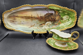 Antique JPL Limoges France Hand painted Fish Platter &amp; Gravy Boat 3 Plates - £769.77 GBP