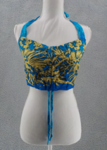 Hibiscus Collection Halter Crop Top Blue w Wheat Palm Fronds Blouse Adjust Ruche - £11.84 GBP