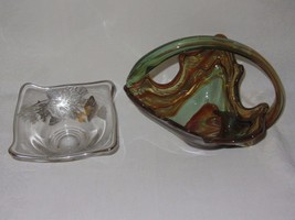 Vtg Clear Floral &amp; Swirled Art Glass Bowl Curve Handle Mid Century - £31.06 GBP