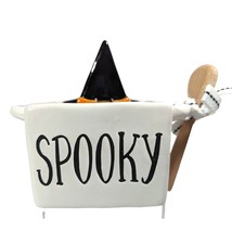 Mudd Pie Spooky Ceramic Bowl Wood Spoon Halloween Witch Hat White Black Decor - £13.98 GBP