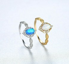 Art Deco Oval Created Opal Solitaire Flower Ring 925 Sterling Silver Womens Gift - £53.15 GBP