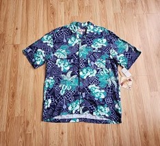 New NWT Caribbean Joe Size L Shirt Blue Green Tropical Print Short Sleeve - £15.80 GBP