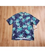 New NWT Caribbean Joe Size L Shirt Blue Green Tropical Print Short Sleeve - £15.68 GBP