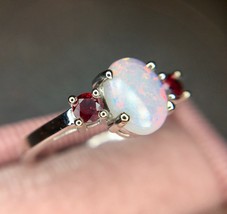 14k White Gold Genuine Natural Opal and Ruby Three Stone Ring (#J3863) - £669.53 GBP