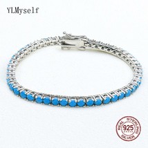 Pure Silver 15-21 cm Tennis Bracelet Pave 3 mm Turquoise Blue Stone Beautiful Re - £59.02 GBP