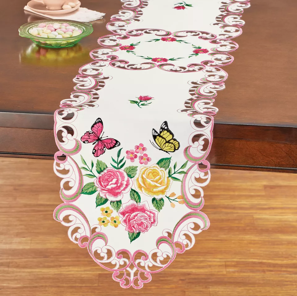 Embroidered Blooming Flowers and Butterflies Table Linens Runner - £28.37 GBP