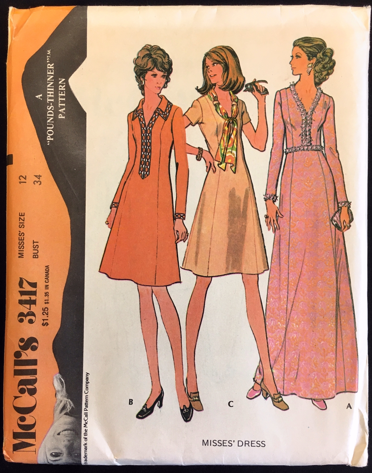 Uncut 70s Size 12 B 34 Princess Dress Maxi McCalls 3417 Pattern Pounds Thinner - $6.99