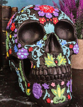 Day Of The Dead Black Multi Colored Floral Tattoo Sugar Skull Figurine 8&quot;L - £38.35 GBP