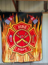 Fire Department Flames Firefighter Axe Helmet Ladder Queen Blanket Bedspread - £45.09 GBP