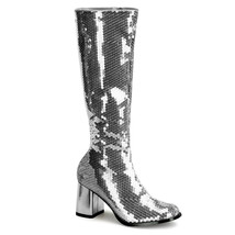 Bordello SPECTACUL-300SQ 3&quot; Block Heel Silver Sequins Knee Women&#39;s Boot - £61.81 GBP