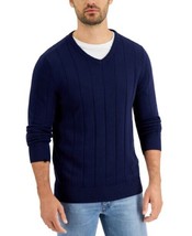 Club Room Men&#39;s Drop-Needle V-Neck Cotton Sweater in Navy Blue-Small - $19.97