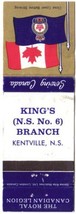 Nova Scotia Matchbook Cover Kentville Royal Canadian Legion Kings Branch No 6 - £0.75 GBP