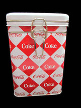 Coca-Cola Square Harlequin Diamond Pattern Tin Canister Tea Latching White Lid - £7.53 GBP