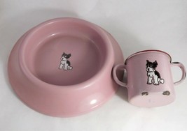 Vintage Pink Enamel Terrier Dog Children&#39;s Metal Cup and Bowl Enamelware Set - £91.00 GBP