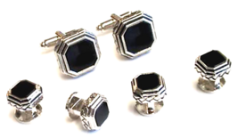 Genuine Onyx Triple Layered Octagon Silver Cufflinks and Studs - $84.65