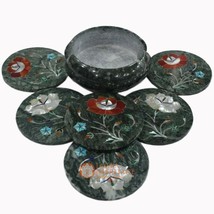 Green Marble Round Coaster Set Floral Inlay Marquetry Arts Kitchen Decor... - $257.66