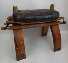 70s Egyptian Camel Saddle Leather Foot Stool w/Brass Stud Accents Ottoman Sturdy - £110.99 GBP