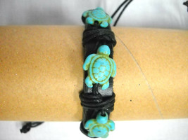 Black Leather With 3 Turquoise Blue Honu Sea Turtles Adj Slide Cord Bracelet - £3.18 GBP