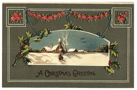 A Christmas Greeting Vintage Christmas Embossed Postcard w Winter Scene Posted - £7.74 GBP