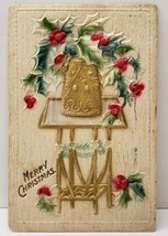 Merry Christmas Holly Berry Heavy Embossed Airbrushed Gild c1910 Postcard D13 - £5.46 GBP