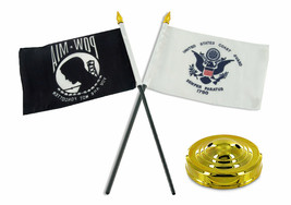 Coast Guard W/ Pow Mia Prisoner Of War Flag 4&quot;X6&quot; Desk Set Gold Base - £14.18 GBP