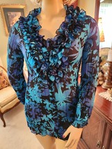 Vtg Toffee &amp; Apple Turquoise Black Floral Tunic Top Button Blouse Crinkl... - £19.43 GBP