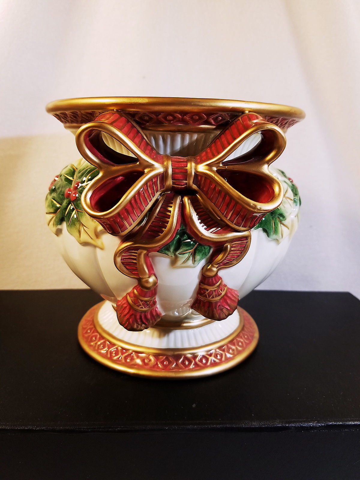 Fitz & Floyd Home Essentials Christmas Ribbon Pillar Candle Holder Holiday Holly - $22.00