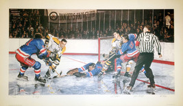 Signed In The Slot, Vic Hadfield, Ed Giacomin &amp; John Bucyk  - Lithograph - $75.00