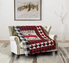 NEW! Farmhouse Old Red Vintage Truck Quilted Throw Blanket Buffalo Plaid Reversi - £24.88 GBP