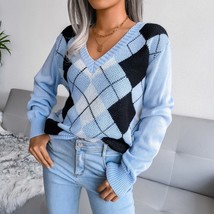 V Neck Plaid Sweater Women 2021 Preppy Style Long Sleeve  Sweaters And Pullovers - £75.93 GBP