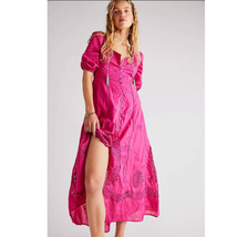 New Free People Lisa Lace Midi Dress $298 Small Pink BUTTON-FRONT Embroidered - £113.66 GBP