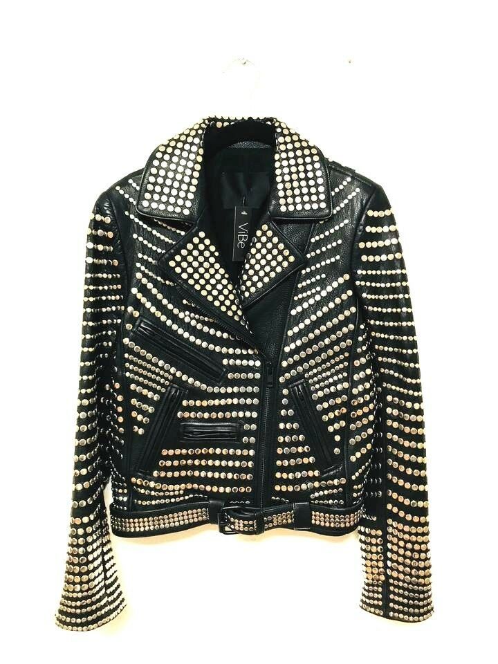 Women Leather Silver Studded Jacket Studs Belted Steam Punk Military Style Biker