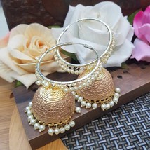 Bollywood Indian Pearl Enameled Peach Jhumkas Earrings Women Bridal Jewelry Set - £18.73 GBP