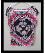 Dana Buchman Black &amp; Fuchsia Print Tee Top Size M - €7,63 EUR