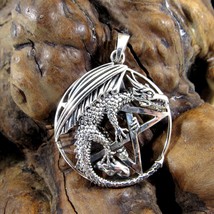 Solid 925 Sterling Silver Dragon &amp; Pentacle Pentagram Pendant, Pagan Amulet - £46.70 GBP