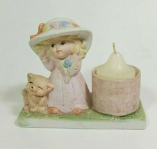 Girl and Dog Figurine Votive Candleholder Ceramic Blonde Girl with Bonnet - £3.93 GBP