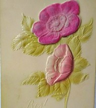 Best Wishes Postcard Velvet Red Pink Flowers Embossed Vintage Unused Original - £5.98 GBP