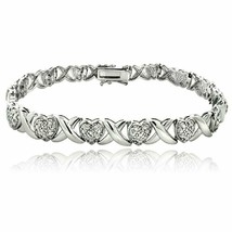 1.50Ct Cubic Zirconia 14K White Gold Plated Silver X &amp; Heart Tennis Bracelet - £73.56 GBP