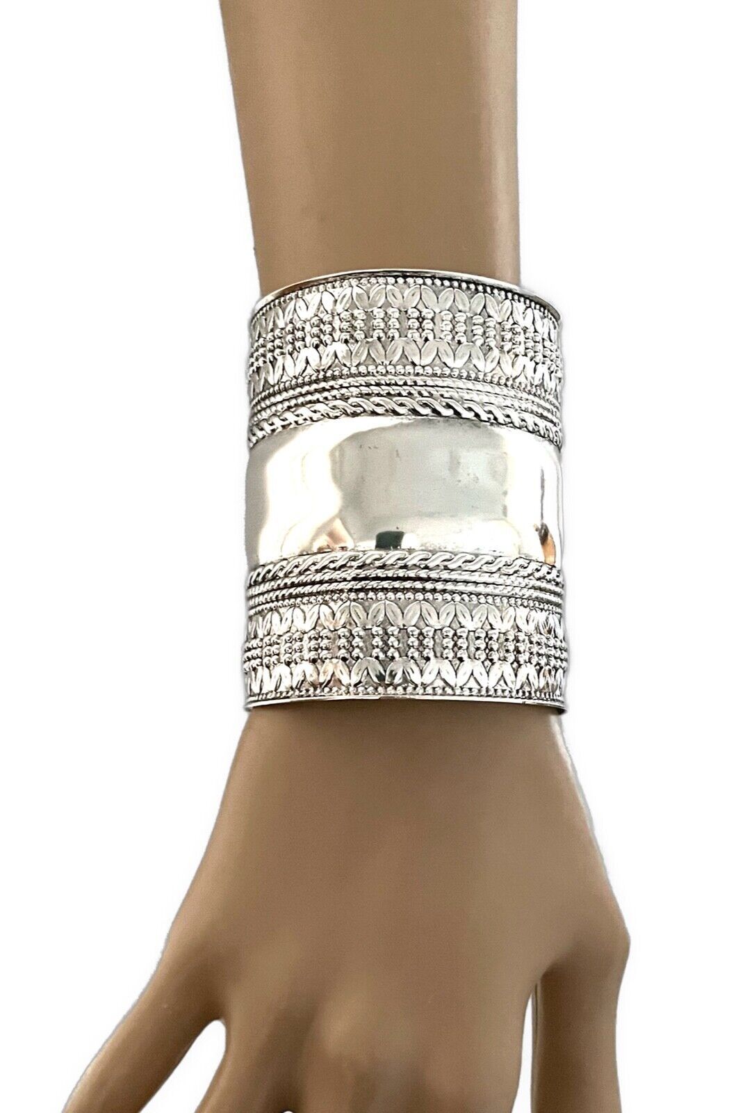 3" W Silver Tone Engraved Ethnic Tribal Inspired Casual Statement Cuff Bracelet - $14.73