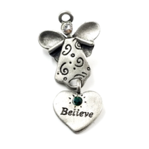 Angel Dangle Heart Believe Rhinestone Silver Tone Pin 2003 Gloria Duchin USA VTG - £7.56 GBP