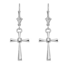 14K Solid White Gold Solitaire Diamond Cross Leverback Earrings - £159.66 GBP
